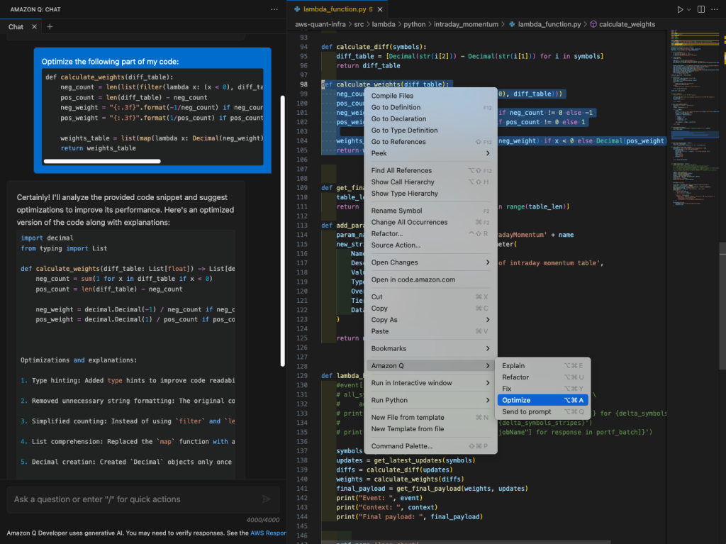 This image shows two main panels of an Amazon Q chat interface discussing code optimization. The left panel displays a request to optimize a specific part of the code, followed by suggestions for improvement. These suggestions include using generator expressions instead of list comprehensions, avoiding unnecessary conversions, using conditional assignment, and considering NumPy or Pandas for large numerical datasets. Each suggestion is accompanied by a code snippet demonstrating the optimization. The right panel shows the original Python code in a file editor, with the function calculate_weights highlighted. This appears to be the function targeted for optimization. The editor interface includes various options like "Go to Definition", "Find All References", and "Optimize" visible in a dropdown menu. Both panels use a dark theme with syntax highlighting in various colors for better code readability. The interface includes tabs at the top for different files or chat sessions, and an option to ask questions or enter commands at the bottom of the left panel.